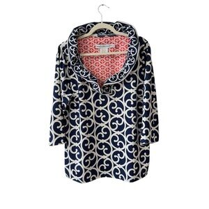 Gretchen Scott Ruffle‎ Neck 3/4 Sleeve Top Plus Size 2XL Navy Blue White Coastal